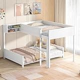 Full XL Over Full XL Bunk Bed with Built-in Storage Shelf & Ladder, Wood Bed Frame with Support Slats, Space-Saving Design, White