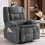 Rocker Recliner Chair with Massage and Heat, Nursery Rocking Chairs for Living Room, Ergonomic Comfy Relining Chair with Cup Holders, USB Charge Port, Side Pockets, Manual Recliner Chairs, Grey