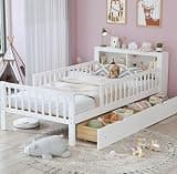 KORVYAL Twin Bed Frame with Storage, White Wood Twin Bed with Drawers, Headboard Shelves and 3-Side Rails