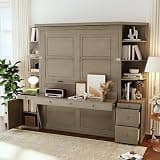 Merax Queen Murphy Bed with Desk and Storage, Hidden Wall Bed with Foldout Workstation, Shelves and Cabinets for Space-Saving Home Office, Gray