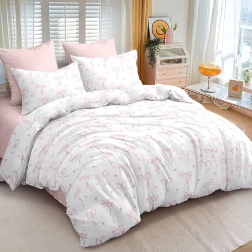 Bildenly Twin Comforter Set White - Pink Bow Quilt Bedding Set 2 Pieces, Comforter Set Twin Size, Soft Comforter(68‘’ x 90‘’) for Girl All Season & 1 Pillow Case(30‘’x20‘’)