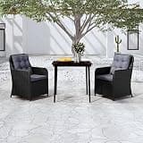 NKOPPFG 3 Piece Patio Dining Set with Cushions, Black Steel Frame PE Rattan Chairs and Glass Top Table for Outdoor Garden
