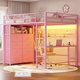 ADORNEVE Loft Bed Full Size with Desk and 8 Storage Drawers, LED Metal Loft Bed with Power Outlet, 2 Shelves & Clothing Rack, Bed with Safety Guardrail & Ladder,Space-Saving, Pink