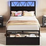LIKIMIO Twin XL Bed Frames with Storage Drawer, Charging Station and LED Lights, Twin XL Bed Frame with Headboard, No Box Spring Needed, Easy Assembly for Teen Room, Small Apartment, Bedroom, Black