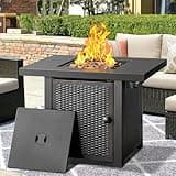 OutVue 32 Inch Propane Fire Pit Table, Outdoor Gas Fire Pits with 2 Drink Holders, Lid & Lava Rock, 50000 BTU Firepit Table for Dinning, Party in Outside, Patio, Garden or Yard