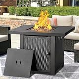 OutVue 32 Inch Propane Fire Pit Table, Outdoor Gas Fire Pits with 2 Drink Holders, Lid & Lava Rock, 50000 BTU Firepit Table for Dinning, Party in Outside, Patio, Garden or Yard