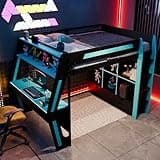 Virubi Full Gaming Loft Bed with Desk and Storage Shelves,RGB LED Lights & USB Ports,Wood High Loft Bed with Storage Drawers,Ladders,No Box Spring Needed (Blue,Full)