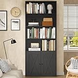 Modern Bookshelf with Doors, Industrial Bookshelves with 6-Tier Shelf, 71 inches Tall Bookcase Display Cabinet with Storage for Home Office, Black