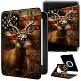360° Rotating Magnetic Case for 6.8" Kindle Paperwhite 11th Generation 2021 and Signature Edition, Detachable Clear Back Cover, Multi-Angle Stand, Auto Wake/Sleep, Hunting Deer USA Flag