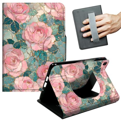 JANENFNA 360° Rotating Case for Samsung Galaxy Tab A7 Lite 8.7" (2021) - Folio Stand Cover with Hand Strap, Auto Wake/Sleep, Magnetic Closure, Shockproof Case, Pink Rose Pattern