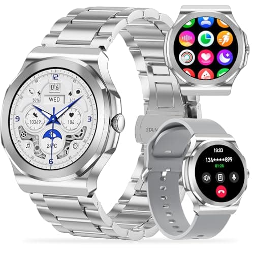 KALPADIVES Smart Watch for Men Women, 1.27" HD Fitness Tracker with Bluetooth Calling/Heart Rate/Sleep Monitor/100+ Sport Modes, Stainless Steel+Silicone Band for Android iOS (Silver)