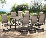 PHI VILLA 9 Piece Outdoor Dining Set for 8 Person, Swivel Padded Patio Chairs and 82'' Rectangle Metal Slat Table with Umbrella Hole, All Weather Patio Table and Chairs Set for Deck Poolside (Brown)