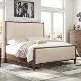 Jocisland 58" Tall Solid Wood King Size Bed Frame with Upholstered Headboard, Wooden Platform Bedframe, No Box Spring Needed, Easy Assembly, Modern Farmhouse Style, Dark Walnut