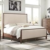 Jocisland 58" Tall Solid Wood King Size Bed Frame with Upholstered Headboard, Wooden Platform Bedframe, No Box Spring Needed, Easy Assembly, Modern Farmhouse Style, Dark Walnut