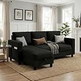 Convertible Sectional Sofa with Storage Ottoman, 77” L-Shaped 3-Seat Couch with Skin-Friendly Corduroy Fabric, Reversible Small Sectional for Small Space, Apartment, Living Room and Office(Black)