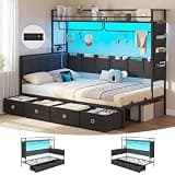 DICTAC Twin Corner Bed Frame with Upholsterd Headboard, Bookcase Shelf, 4 Drawers & 10 Storage Pockets, Black Twin Metal Platform Bed with Charging Stations & LED Lights, Twin Daybed for Teens, Kids