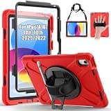 Gerutek Case for iPad (A16) 11th/10th Generation 11"/10.9" (2025/2022), Full-Body Shockproof Protective Case with Screen Protector, 360° Rotating Stand, Hand/Shoulder Strap, Pencil Holder-Red