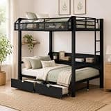 Firscook Full Over Full Bunk Bed with Storage Drawers and Shelves, Heavy-Duty Metal Bunk Bed Frame with LED Lights and Charging Station, Bunk Beds for Teens, Adults, No Box Spring Required, Black