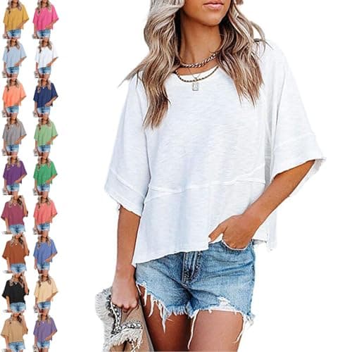 EEZCP Women's Summer Casual Crewneck Batwing Half Sleeve T-Shirts, Non-Slit Patched Solid Color Bell Sleeve Cute Flowy Tops (Large,White)