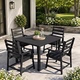 Kingdura 5-Piece HDPE Outdoor Dining Set, Square Patio Table and Chairs Set for 4, All Weather Patio Dining Sets with Umbrella Hole, Outdoor Dining Furniture Set for Poolside Backyard Deck, Black