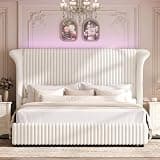 TTVIEW King Bed Frame with 54" Tall Faux Fur Wingback Headboard and Built-in LED Lighting, Lauxry Upholstered Platform Bed with Vertical Channel Design, No Box Spring Needed, Beige