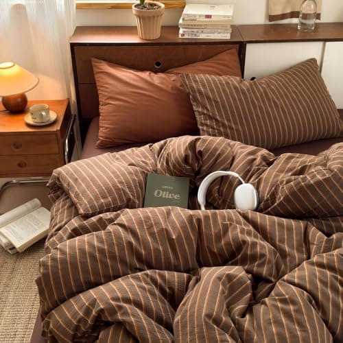 Bildenly Brown Striped Duvet Cover Twin Size Retro Stripes Bedding Set Vintage Vertical Stripe Soft Lightweight Microfiber Comforter Cover Set with Zipper Closure and 1 Pillowcase