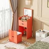 Vanity Desk with Mirror and Lights, Vanity Table Set with Storage Drawer, Bedroom Dressing Table with Charging Station, Small Makeup Vanity Desk, Dressing Table with Cushioned Stool (orange color)