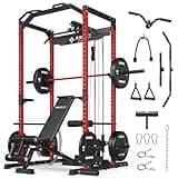 Mikolo F4 2.0 Power Cage with Dual-Track Smooth Pulley System, 1200LBS Power Rack with Leg Hold-Down for Heavy LAT Pulldowns, Home Gym Package with 230lb Weight Plate (Red)
