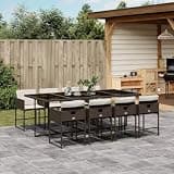 KLGBNCVE 9 Piece Patio Dining Set with Cushions, Brown Poly Rattan Outdoor Dining Set with Foldable Chairs and Tempered Glass Table