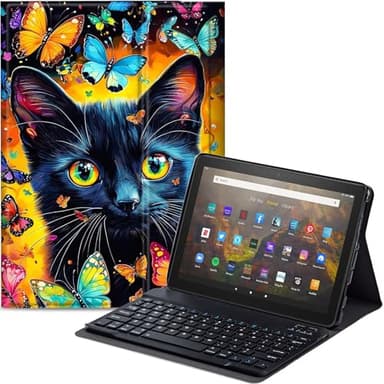 Qindaiwen Keyboard Case for All-New Amazon Fire HD 8/8 Plus (12th Generation/10th Generation, 2024/2022/2020 Release), PU Leather Stand Cover with Detachable Bluetooth Keyboard, Cat Butterflies