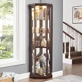 BIGTO Corner Curio Cabinet Lighted Corner Display Shelf,MDF&Glass Bar Cabinet Cherry 15.35"*15.35"*69.8" Home Furniture