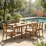 CJLMN 7-Piece Acacia Wood Outdoor Dining Set with Cream Cushions, Modern 6 Chairs and 1 Large Table for Lawn, Backyard, Garden Deck, Poolside, Teak