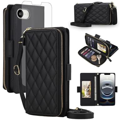 Compatible with iPhone 16e/SE 2025/SE 4 Wallet Case Zipper RFID Blocking Screen Protector Crossbody Lanyard Strap Flip i Phone16e i16e 16 e SE4 4th Generation 16eCase Phone Cover for Women Black