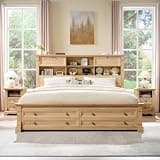 T4TREAM Farmhouse Queen Size Bed Frame with 54" Tall Storage Bookcase Headboard, 18" Roman Column Decoration Footboard,2 Drawer & 4 Storage Rack, Oak