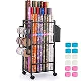 Aquzee Wrapping Paper Storage, Rolling Gift Wrap Storage Stand, Vertical Wrapping Paper Organizer Storage Cart, Ribbon Organizers, 12 PCS Slap Bands, 9 Adjustable Rod Design, Black
