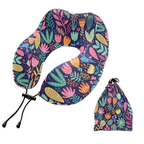 Colorful Floral Flowers Black Pattern Travel Neck Pillow for Sleeping Airplane Memory Foam Neck Support Pillow with Storage Bag Sleeper Hold Pillow for Long Flight Car Train Bus Home Office Adults
