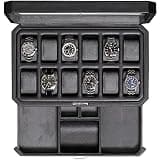 ROTHWELL 12 Slot Leather Watch Box with Valet Drawer - Luxury Watch and Jewelry Case Display Organizer, Microsuede liner, Mens Locking Storage Holder Large Glass Top (Black/Grey)