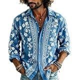 Mens 70s Disco Shirt Hip Hop Long Sleeve Button Down Shirt Retro Floral Novelty Shirts Hippie Outfit for Men Sky Blue