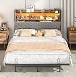 Squireewo Full Size Metal Bed Frame with Upholstered and 2-Tier Storage Headboard - LED Light and Charging Station, No Box Spring Needed, Heavy Duty Steel Slats for Bedroom, Dorm, Vintage Brown