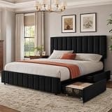 Garvee Full Size Bed Frame, Linen Upholstered Platform Bed Frame with 4 Storage Drawers, Adjustable Height Headboard, No Box Spring Needed, Easy Assembly, Black