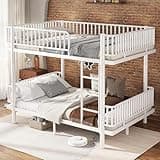 Bellemave Queen Over Queen Bunk Bed with Ladders & Guardrails, Round-Pipe Metal Bunk Bed Frame Converts to 2 Platform Beds, Heavy Duty Queen Size Bunk Beds for Adults, No Box Spring Needed, White