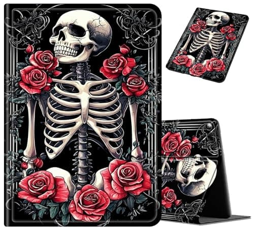 Case for Amazon Fire HD 10 Tablet (9th/7th/5th Generation, 2019/2017/2015 Release) 10.1", Slim Durable PU Leather Folio Adjustable Stand Shockproof Cover with Smart Sleep/Wake, Skeleton Rose