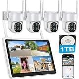 Wireless PTZ Security Camera System Outdoor with 10" HD Monitor, Pre-Installed 1TB HDD for 24/7 Recording No Monthly Fee, 4X 2K Dual-Lens Cameras with 10X Zoom, 10CH Expandable WiFi NVR, 2.4G/5G