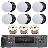 Technical Pro Home Stereo System Kit - 6 Channel 6000 W Bluetooth Amplifier w/ 6 Qty of 8” Frameless Ceiling Speakers 300 W Each, 300 ft Speaker Wire & Remote for Living Room, Office, Commercial, Bar