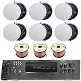 Technical Pro Home Stereo System Kit - 6 Channel 6000 W Bluetooth Amplifier w/ 6 Qty of 8” Frameless Ceiling Speakers 300 W Each, 300 ft Speaker Wire & Remote for Living Room, Office, Commercial, Bar