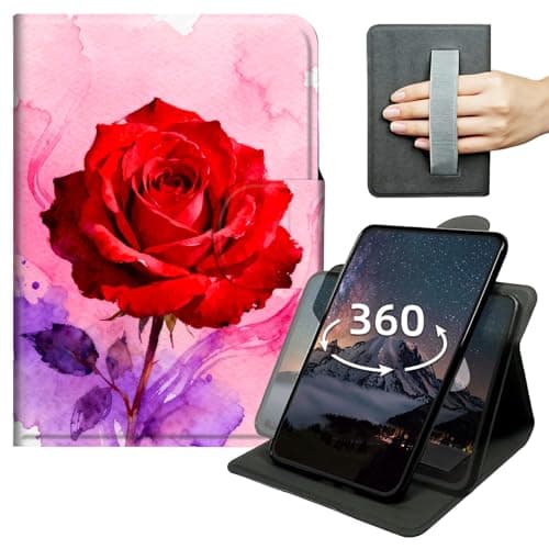 Case for Kindle Paperwhite 12th Generation 7 inch 2024 & Colorsoft Signature Edition 360 Degree Rotating PU Leather Tablet Cover with Hand Strap, Auto Wake/Sleep & Magnetic Clasp,Watercolor Red Rose