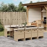 KLGBNCVE 9 Piece Beige Poly Rattan Outdoor Dining Set with Cushions, Foldable Chairs and Tempered Glass Table for Patio Garden
