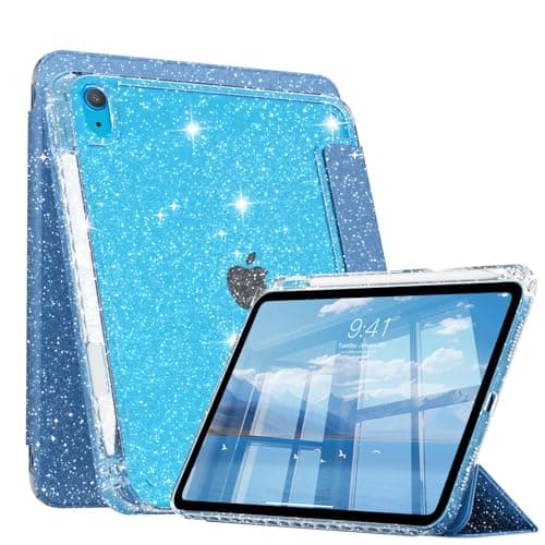 KenKe Compatible with iPad A16 11th Generation 11 Inch 2025 Case, iPad 10th Generation 10.9 Inch, Glitter Shockproof Cute Cover with Clear Sparkly Back, Pencil Holder, for Kids Girls Woman, Sky Blue
