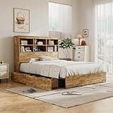 VECELO Queen Size Bed Frame with 50" Tall Storage Bookcase Headboard, 4 Large Storage Drawers & Charging Station, Heavy-Duty Metal Slats/No Box Spring Needed, Rustic Brown