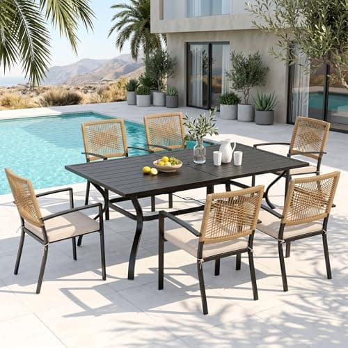 PHI VILLA 7 Pieces Patio Table and Chairs Set, Outdoor Dining Set for 6, 60" Rectangular Metal Patio Table & 6 Cushioned Rattan Chairs for Patio, Deck, Backyard, Porch
